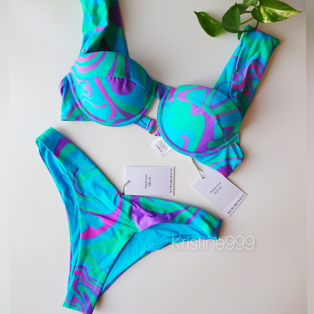 WeWoreWhat Claudia Top Delilah Bottom Bikini Set in Ocean Blue Marble Paradise